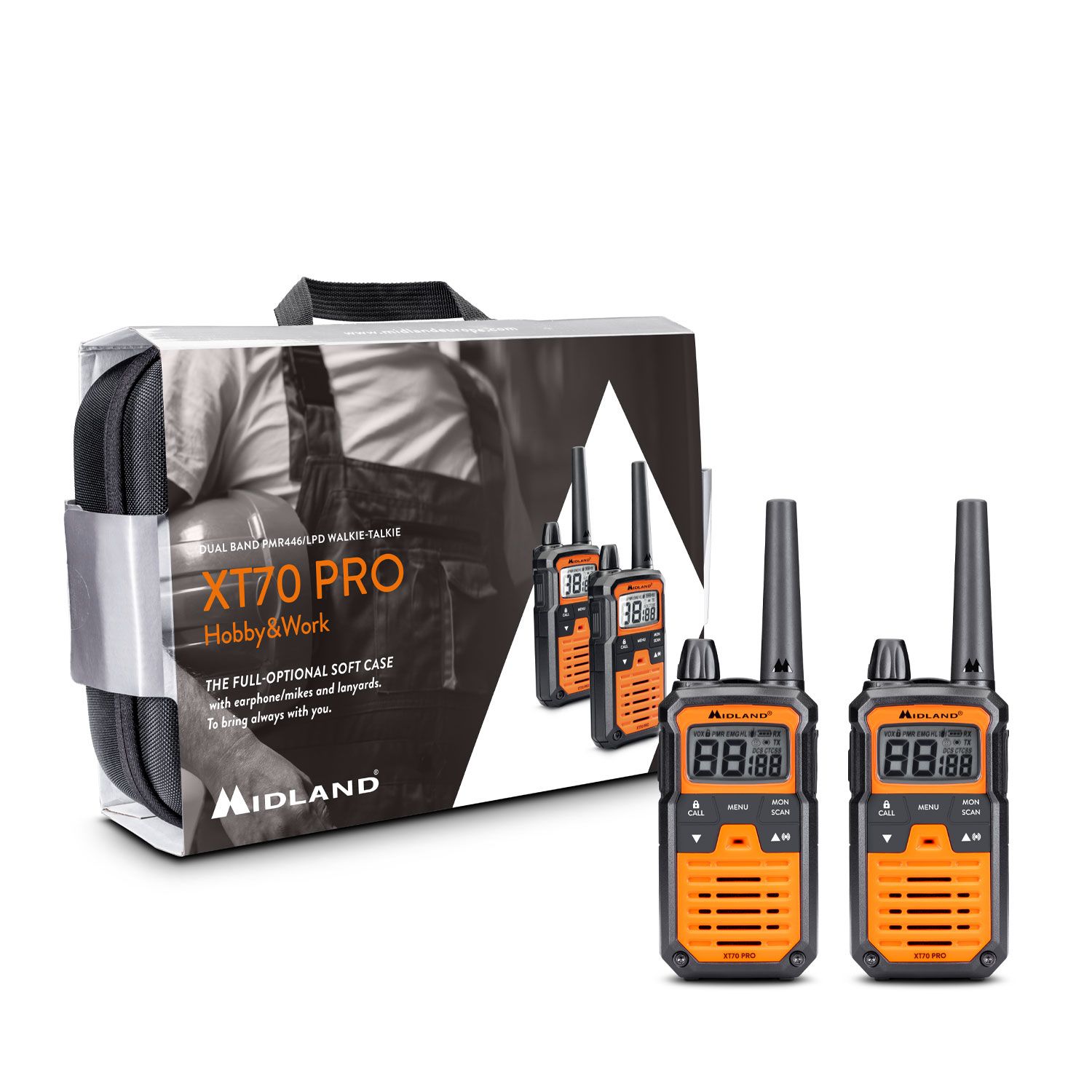 xt70prohw-1.jpg Midland XT70 Pro Hobby & Work Radio Walkie Talkies incl 2x Earphones, 2x Lanyards & Carry Case - Image 1